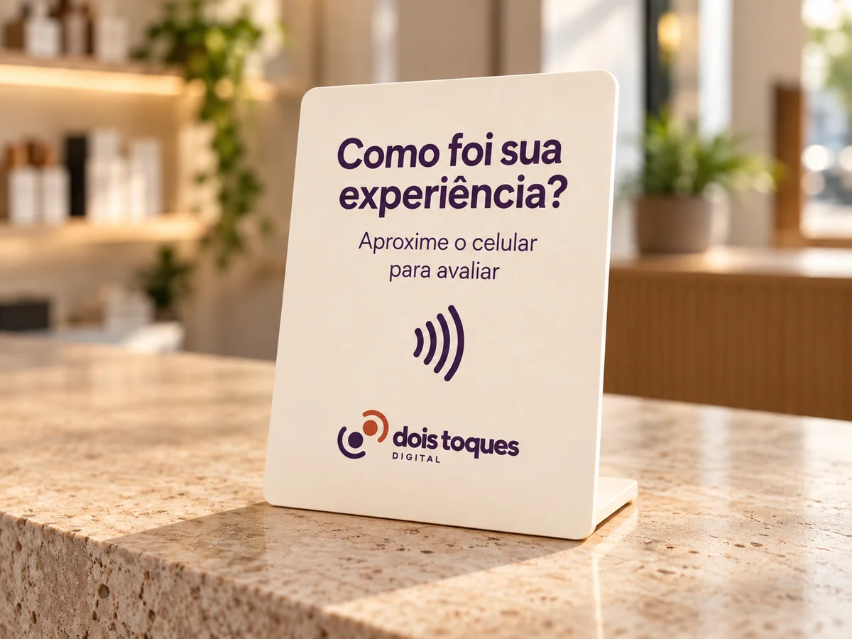 Exemplo ilustrativo de plaquinha NFC para convidar clientes a avaliar a experiência
